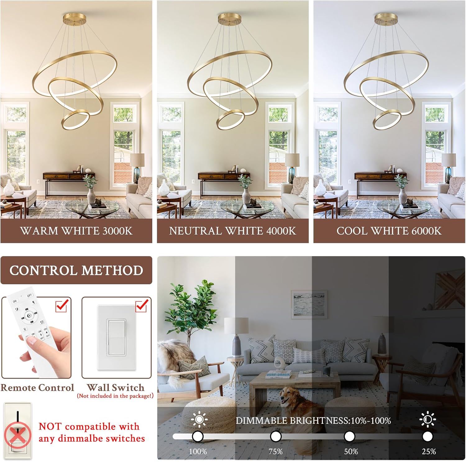 3 Ring Modern LED Chandelier Gold Dimmable Round Chandeliers, LED Circular Pendant Light Fixture with Remote Control for Living Room, Dining Room, Office, Entry, Bedroom