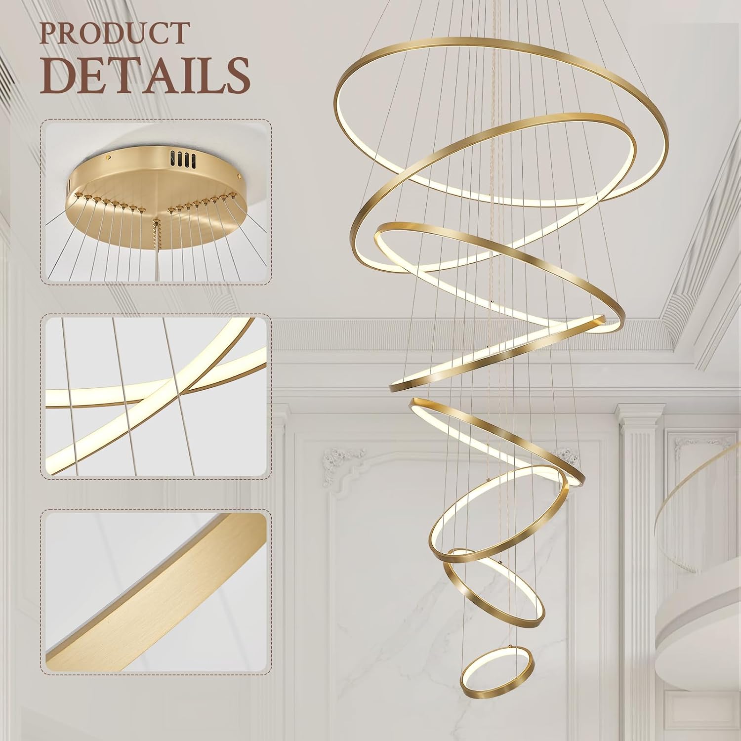 Modern LED Chandelier 8 Rings Dimmable Gold High Ceiling Chandelier Foyer, Large LED Contemporary Pendant Lighting for Staircase Entryway Living Room, D35in 3000K-6500K
