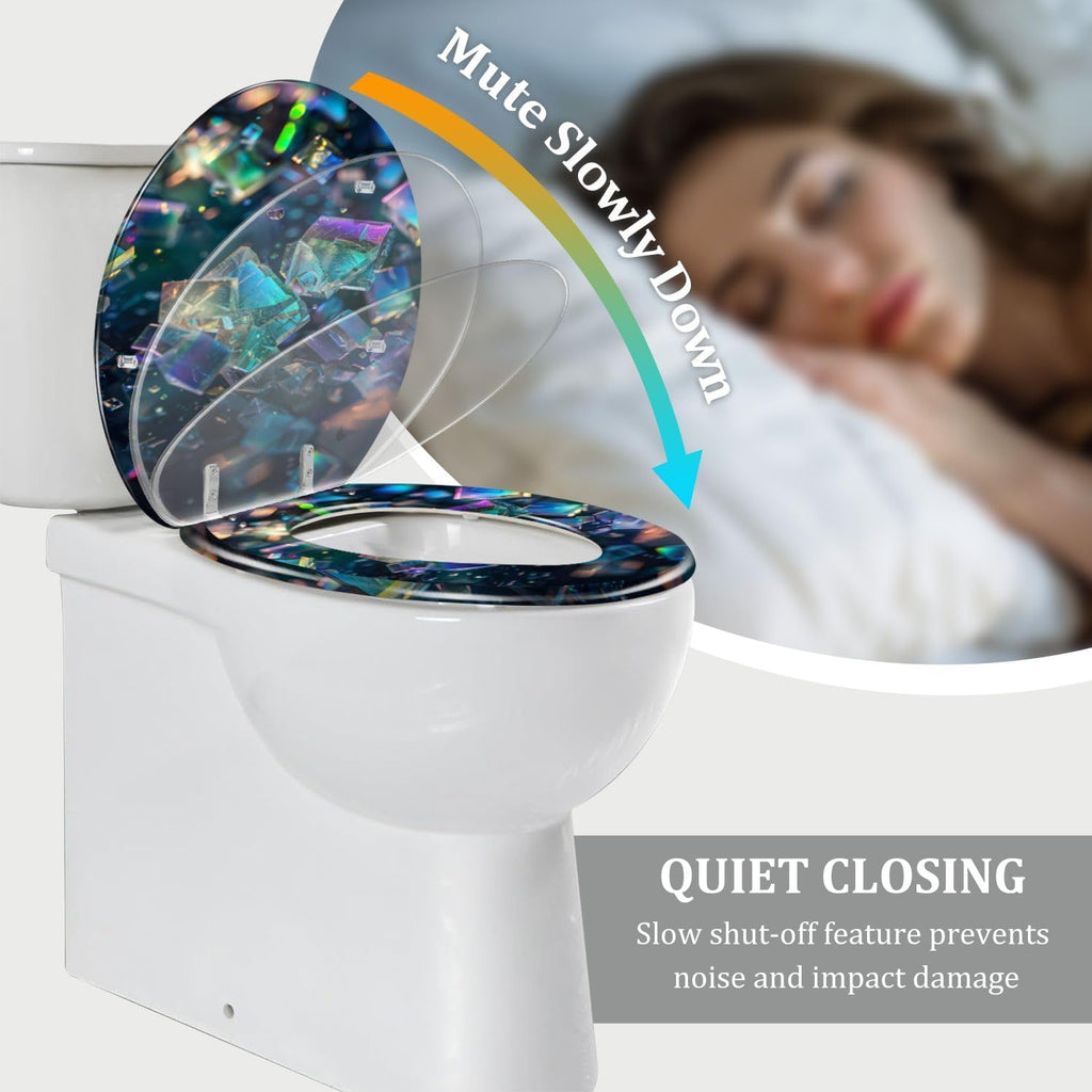 Round Toilet Seat Crystals Soft Light Otherworldly Nature Poster Resin Toilet Seat Quietly Close Quick Release Hinges Decorative Toilet Seat with Cover Easy to Install
