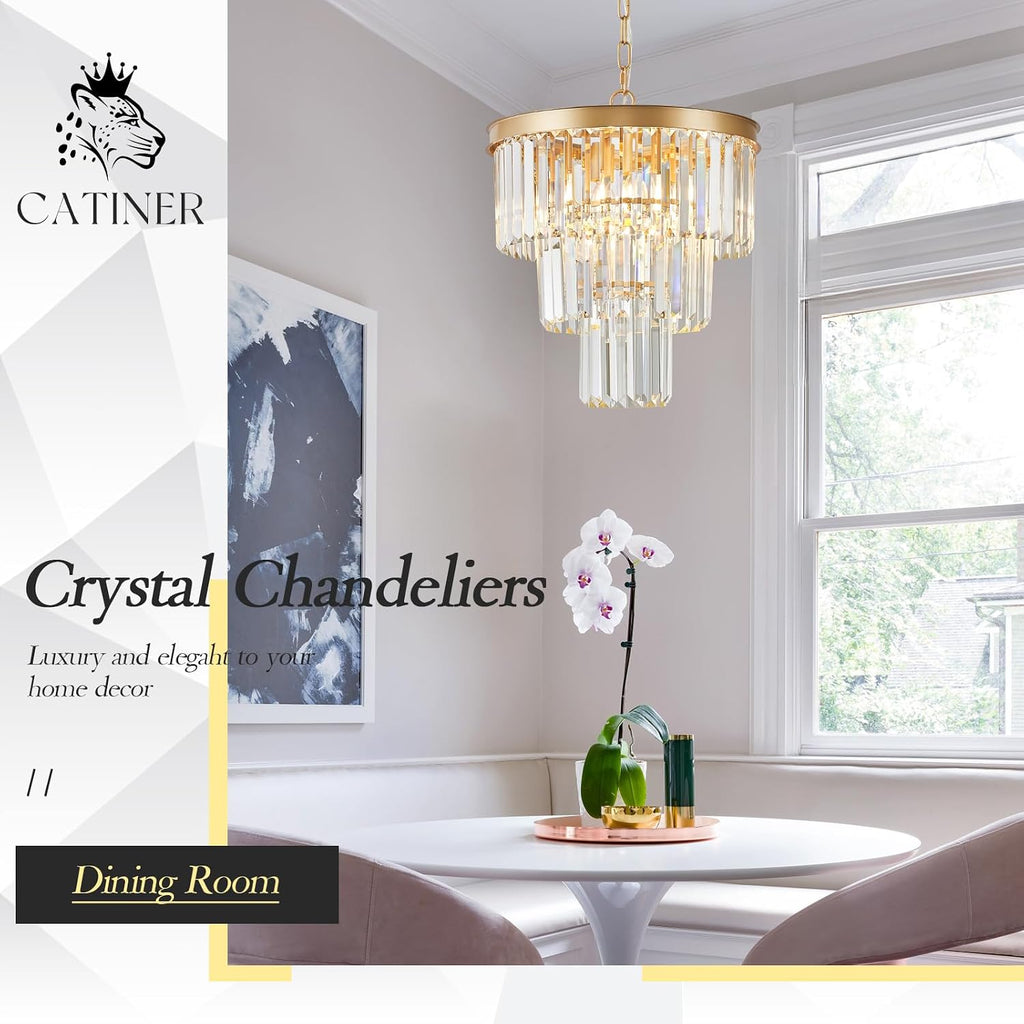CATINER Gold Crystal Chandeliers 16' Modern 6-Light Small Pendant Light Luxury 3 Tiers K9 Crystal Ceiling Pendant Round Light Fixture for Dining Room Entryway Kitchen Bedroom Closet