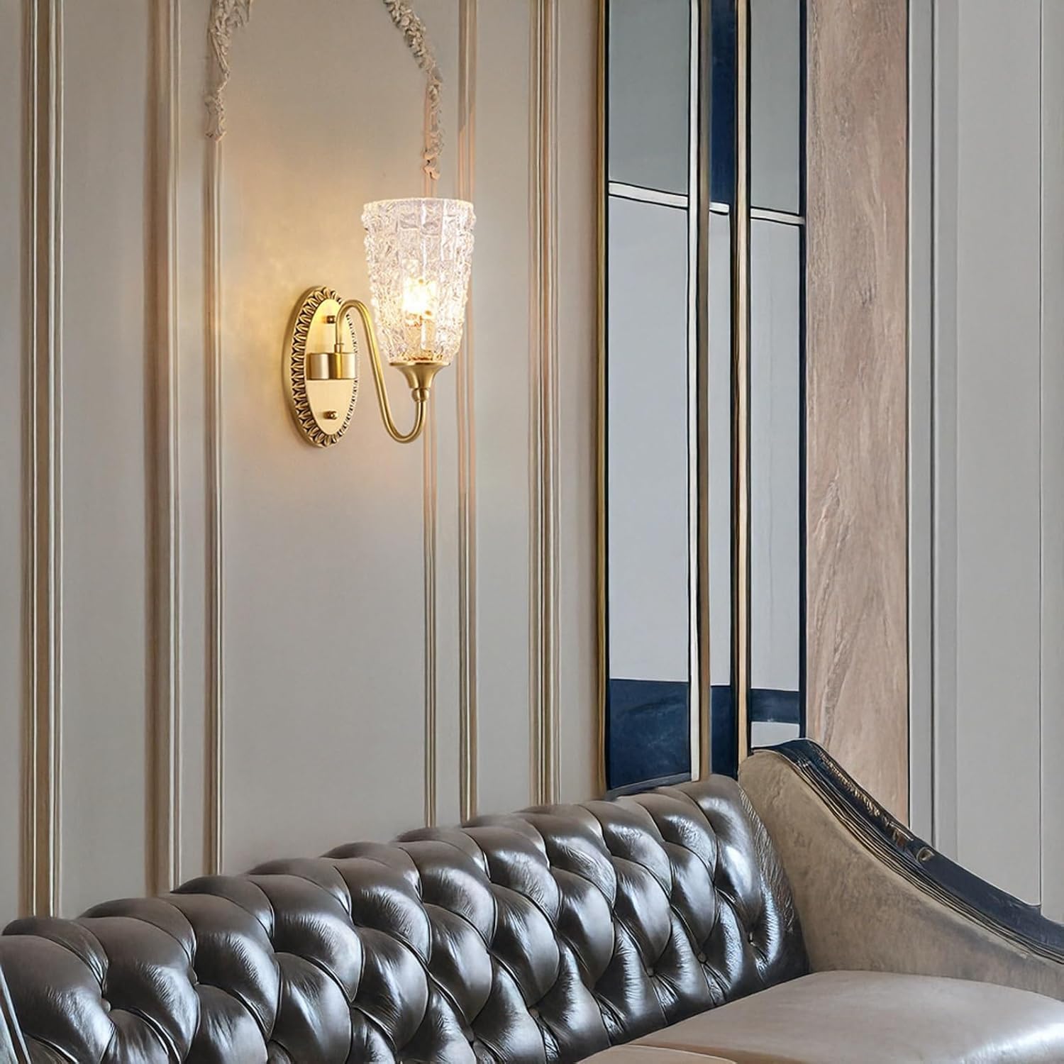 Modern Traditional 2-Light Wall Sconce,Nordic Antique Brass Light with Textured Clear Glass Shades, Ornate Hardwired Fixture for Bathroom Vanity, Bedroom, Living Room, Hallway，Staircase T-155