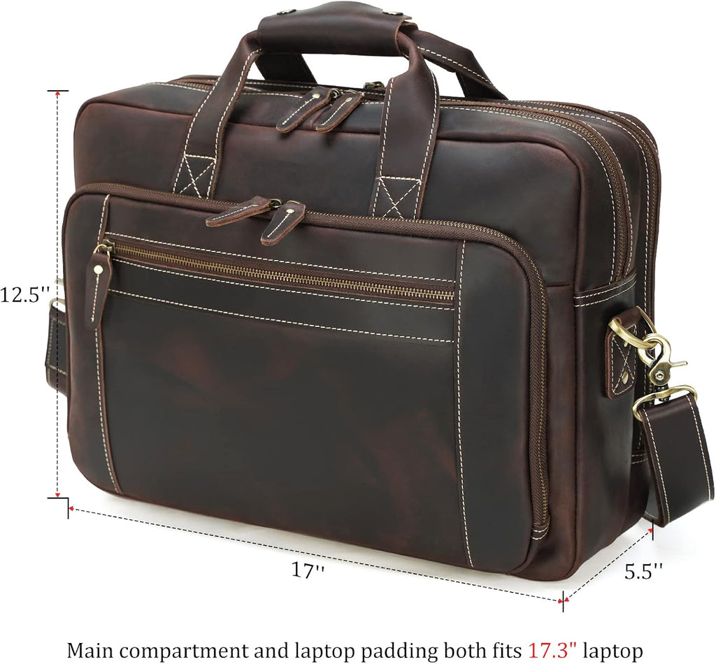 Polare 17' Full Grain Leather Laptop Briefcase Business Travel Laptop Carrying Case Shoulder Bag For Men Fits 17.3' Laptop