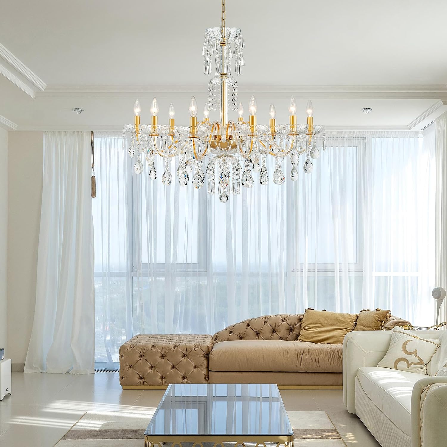 WUZUPS 10-Light Crystal Candle Chandelier Pendant Ceiling Light Modern Lighting Fixture for Bedroom Hallway Bar Kitchen Bathroom, H 26.7' W 33.9', E12 Base, Gold