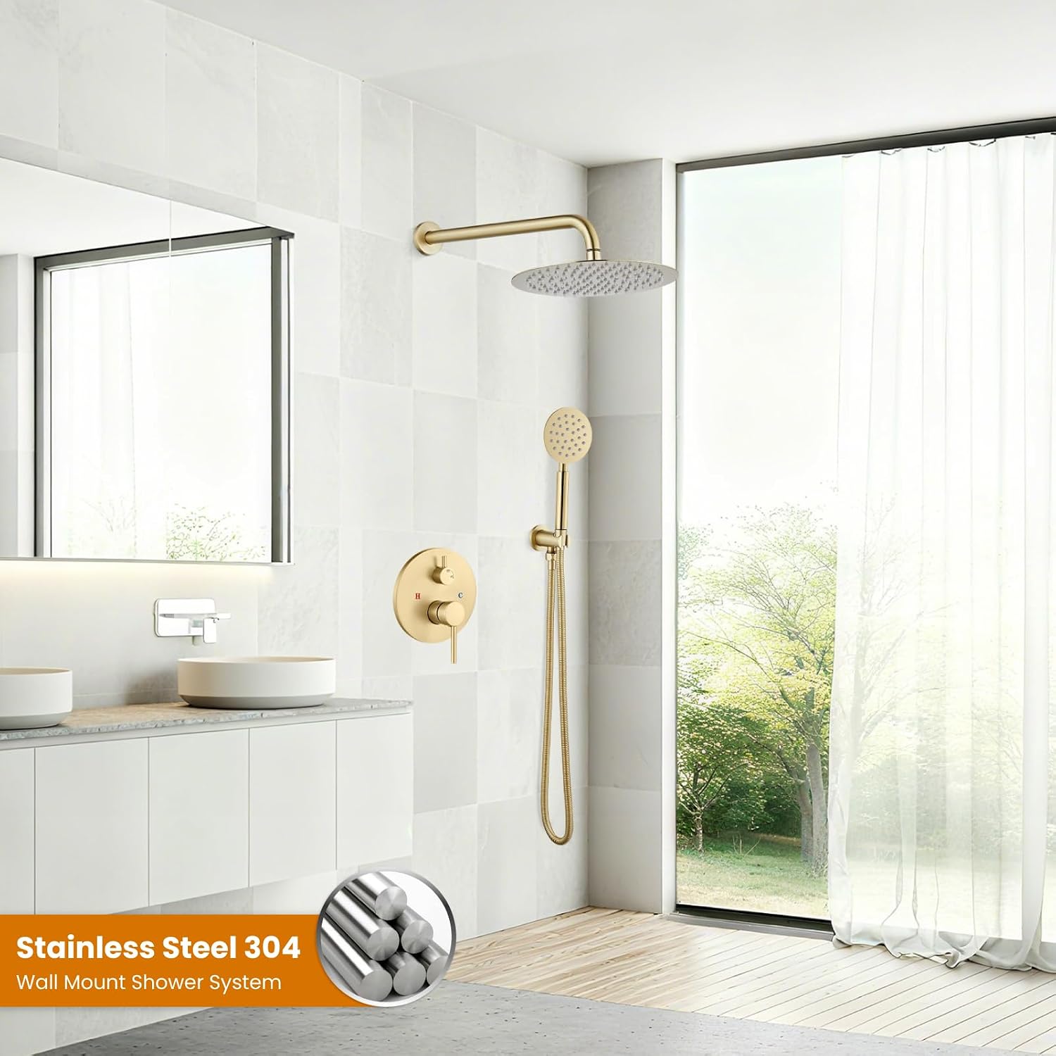 gotonovo Rain Shower System with 10 Inch Round Showerhead and Handheld High Pressure Shower Faucet Set Contain Rough in Valve, Brushed Gold