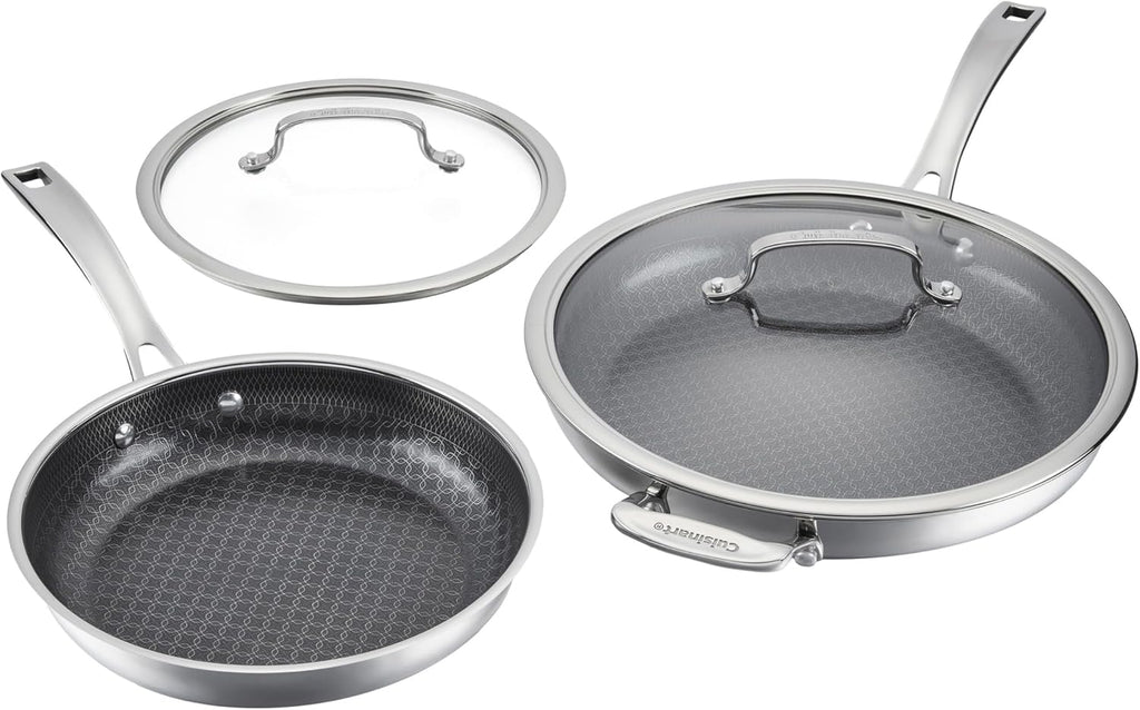 Cuisinart FusionPlus Hybrid Stainless Steel 4-Pc Skillet Cooking Set, 10 Inch and 12 Inch with Lids, PURELYSEAR Hybrid Searing Surface, Oven Safe, Cool Grip Handles, Induction Compatible