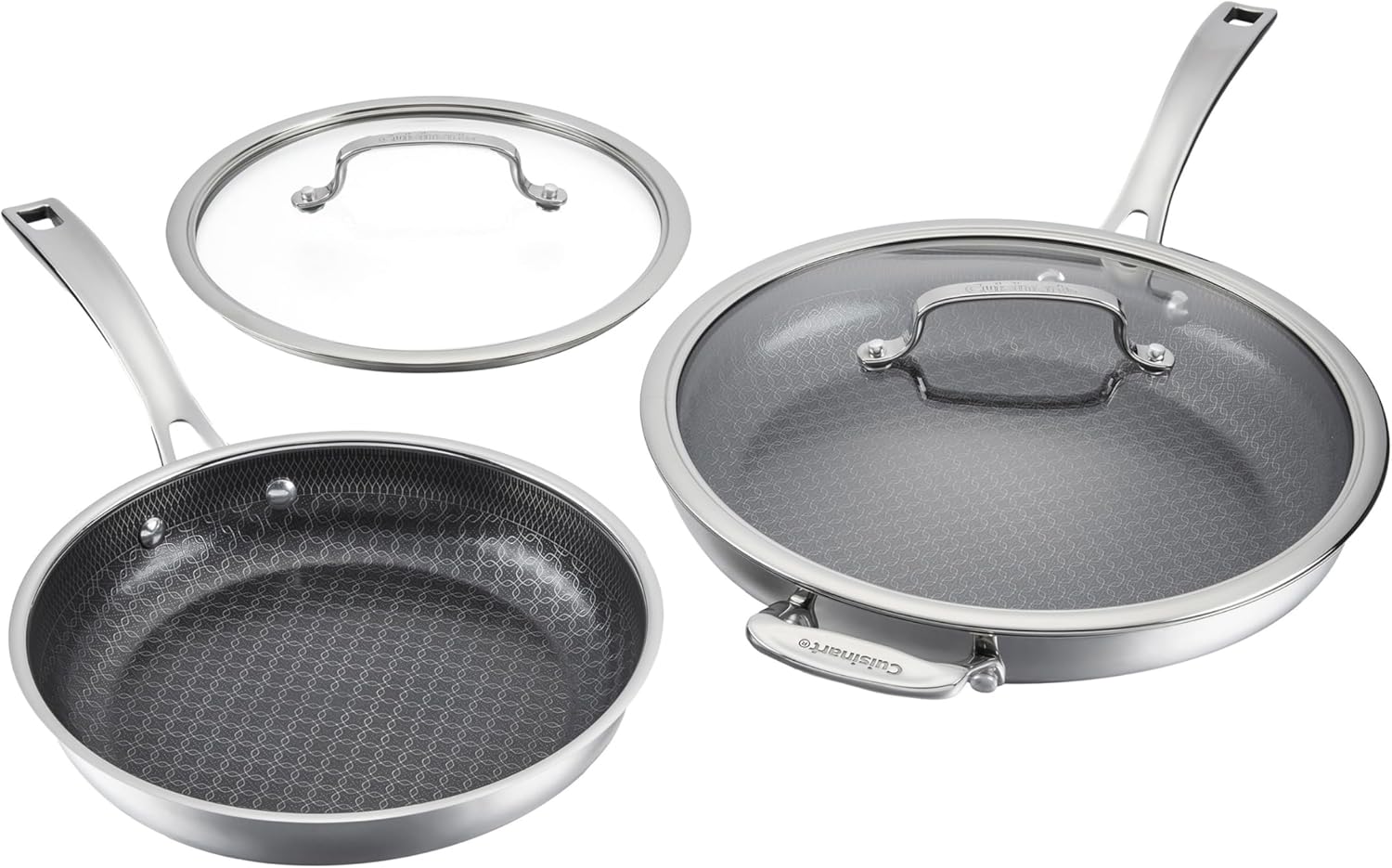 Cuisinart FusionPlus Hybrid Stainless Steel 4-Pc Skillet Cooking Set, 10 Inch and 12 Inch with Lids, PURELYSEAR Hybrid Searing Surface, Oven Safe, Cool Grip Handles, Induction Compatible