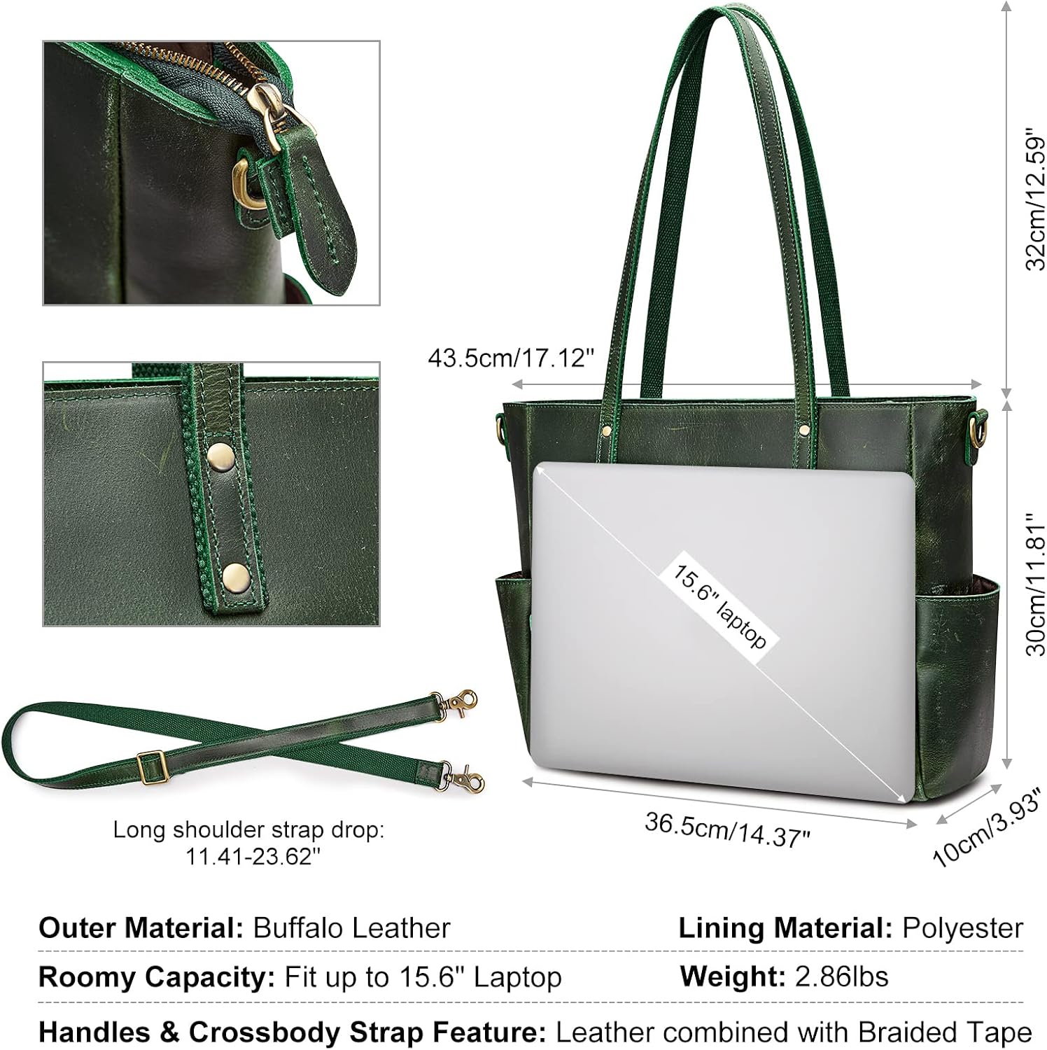 S-ZONE Genuine Leather Tote Bag for Women Large Shoulder Purses Work Handbags with Crossbody Strap Vintage