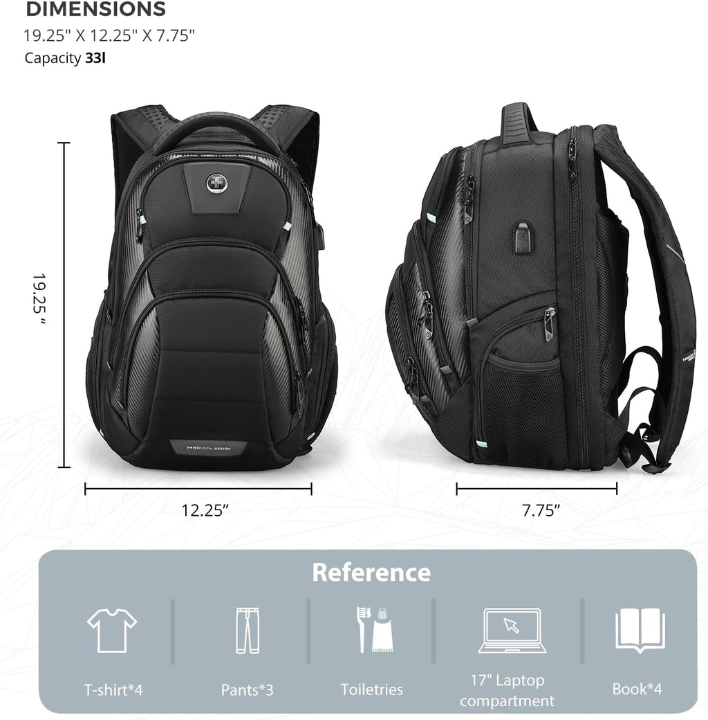 Swissdigital Design Men's 17 Inch Laptop Backpack with Apple Find My Network and USB Charging Port, Large Capacity Business Travel Backpack for College and Business Black | SD1643FB-01