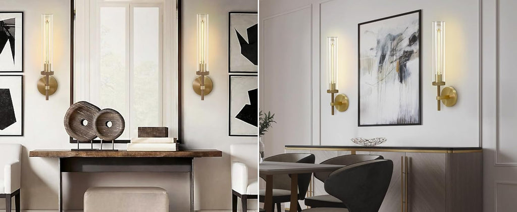 19' Modern Gold Wall Sconces Set of 2, Knurled Brass Vanity Lights with Clear Tube Glass Shade, Industrial Long Linear Wall Lamp for Bathroom Mirror, Hallway, Living Room, Staircase