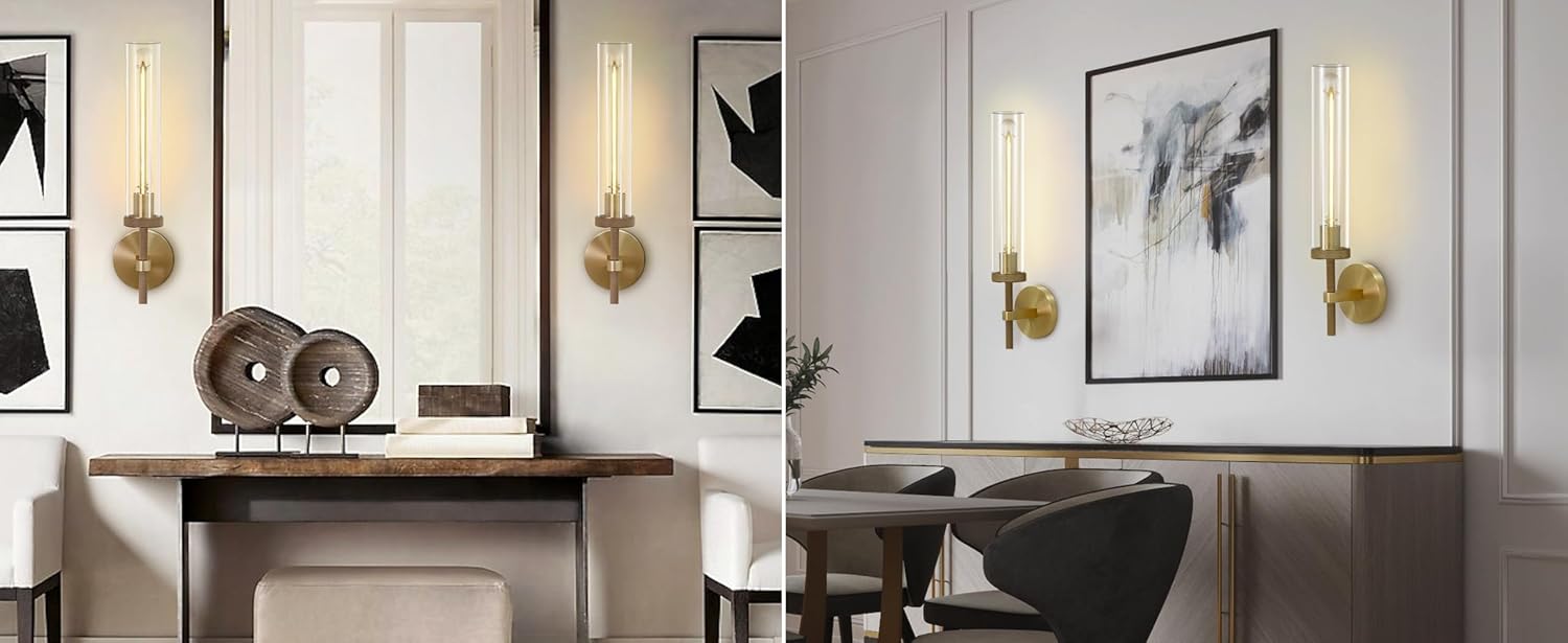 19' Modern Gold Wall Sconces Set of 2, Knurled Brass Vanity Lights with Clear Tube Glass Shade, Industrial Long Linear Wall Lamp for Bathroom Mirror, Hallway, Living Room, Staircase