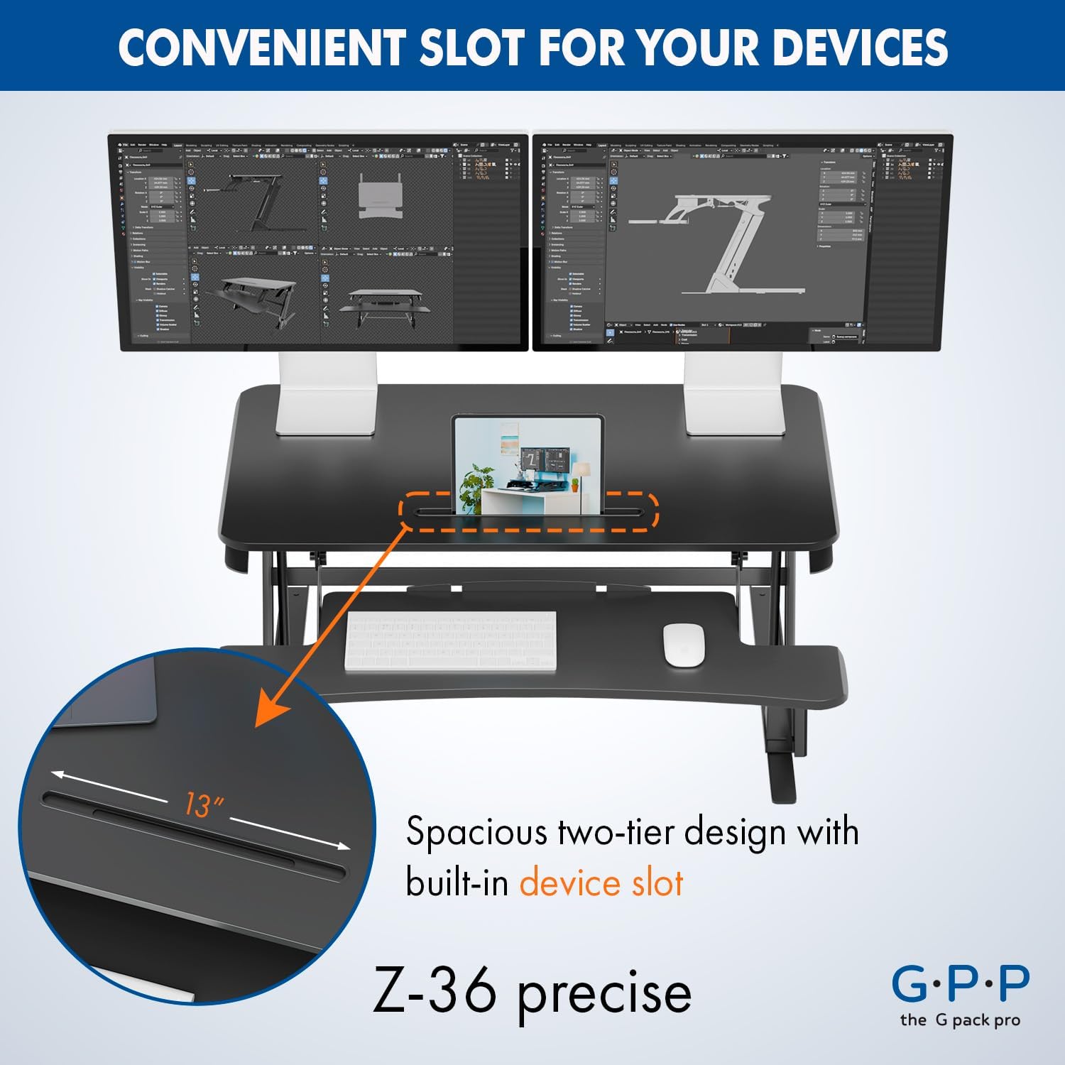 36″ Wide Standing Desk Converter – Sit-to-Stand Workstation for Dual Monitors, Height Adjustable Up to 17.3″ with Large Keyboard Tray – Black