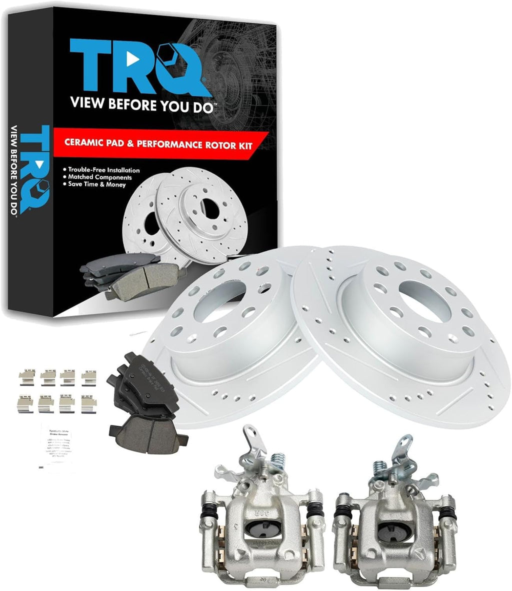 TRQ Performance Rear Brake Pad & Rotor Set Ceramic Drilled Rotors Calipers Compatible with 10-13 Audi A3 & Quattro 10-16 Volkswagen Eos 10-14 Golf Jetta 2012 Beetle 12-15 Passat 12-13 GTI