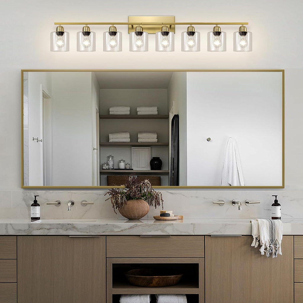 Bath Vanity Lights for Mirror, Restroom Lights Fixtures with Milky White Frosted Glass Shades,Bathroom Over Sink Light Fixtures (Gold & Clear Glass, 8-Light)