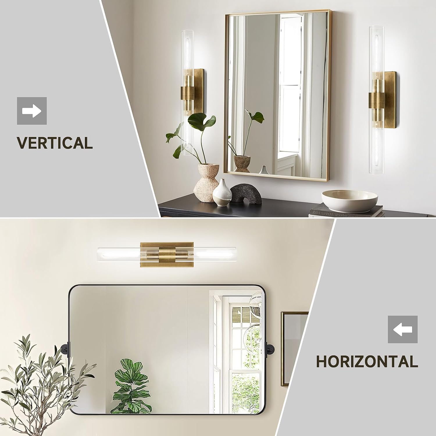 Brass and Glass Wall Sconces, 22.8' Vanity Lights for Bathroom 2 Lights, Horizontal or Vertical Linear Gold Wall Lamp, Indoor Sconces Wall Lighting, Tube Sconce for Living Room, Hallway
