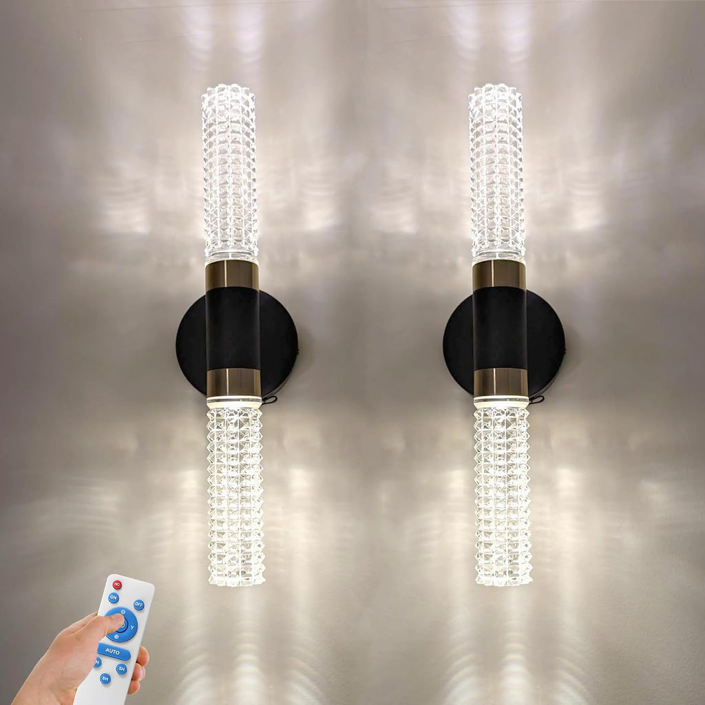 Battery Operated Black Gold Wall Sconces Set of Two, 10000 mAh Rechargeable Battery Powered Wall Sconce with Remote Control, 16 Inch Non-Hardwired Wireless Crystal Wall Scones for Bedroom, Living Room