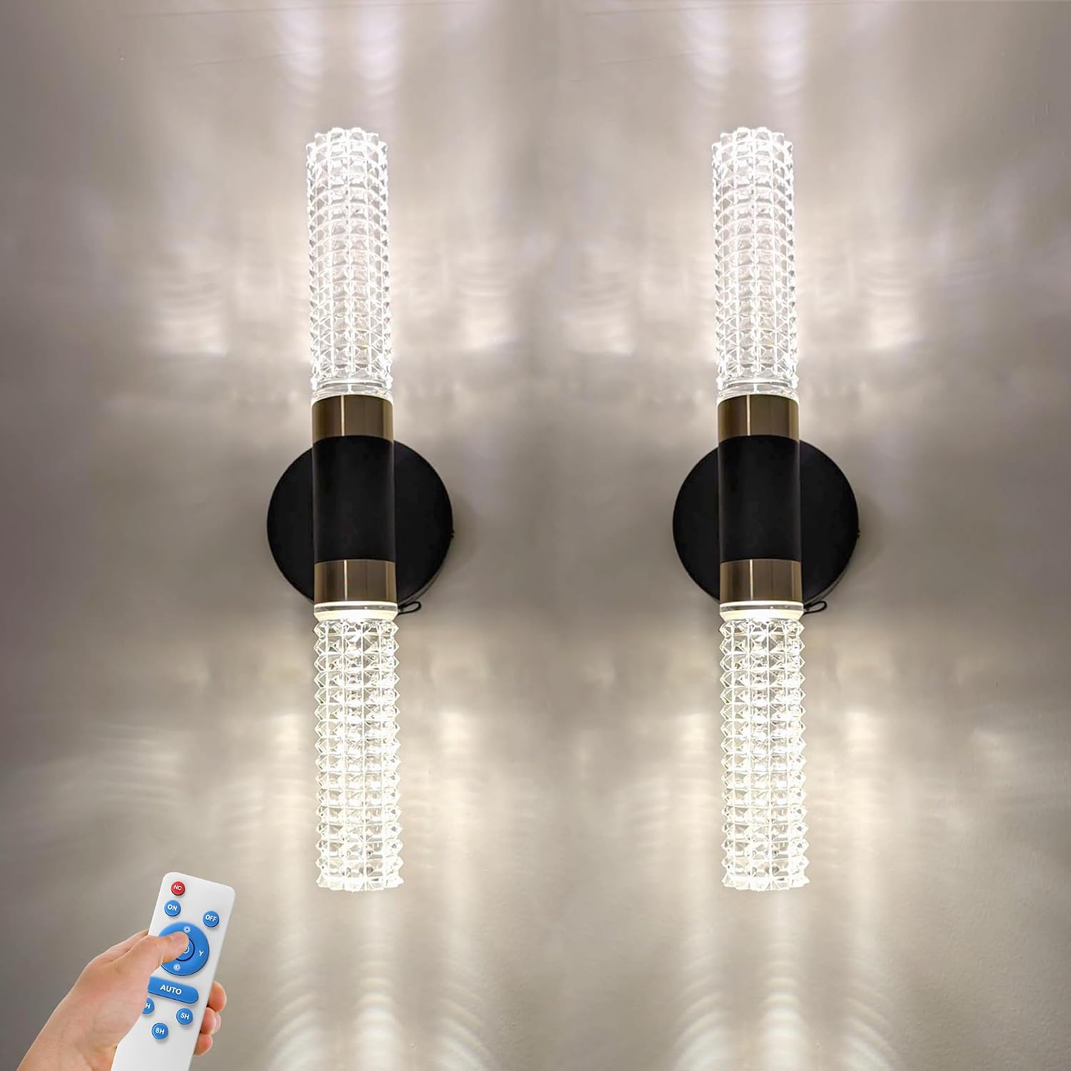 Battery Operated Black Gold Wall Sconces Set of Two, 10000 mAh Rechargeable Battery Powered Wall Sconce with Remote Control, 16 Inch Non-Hardwired Wireless Crystal Wall Scones for Bedroom, Living Room