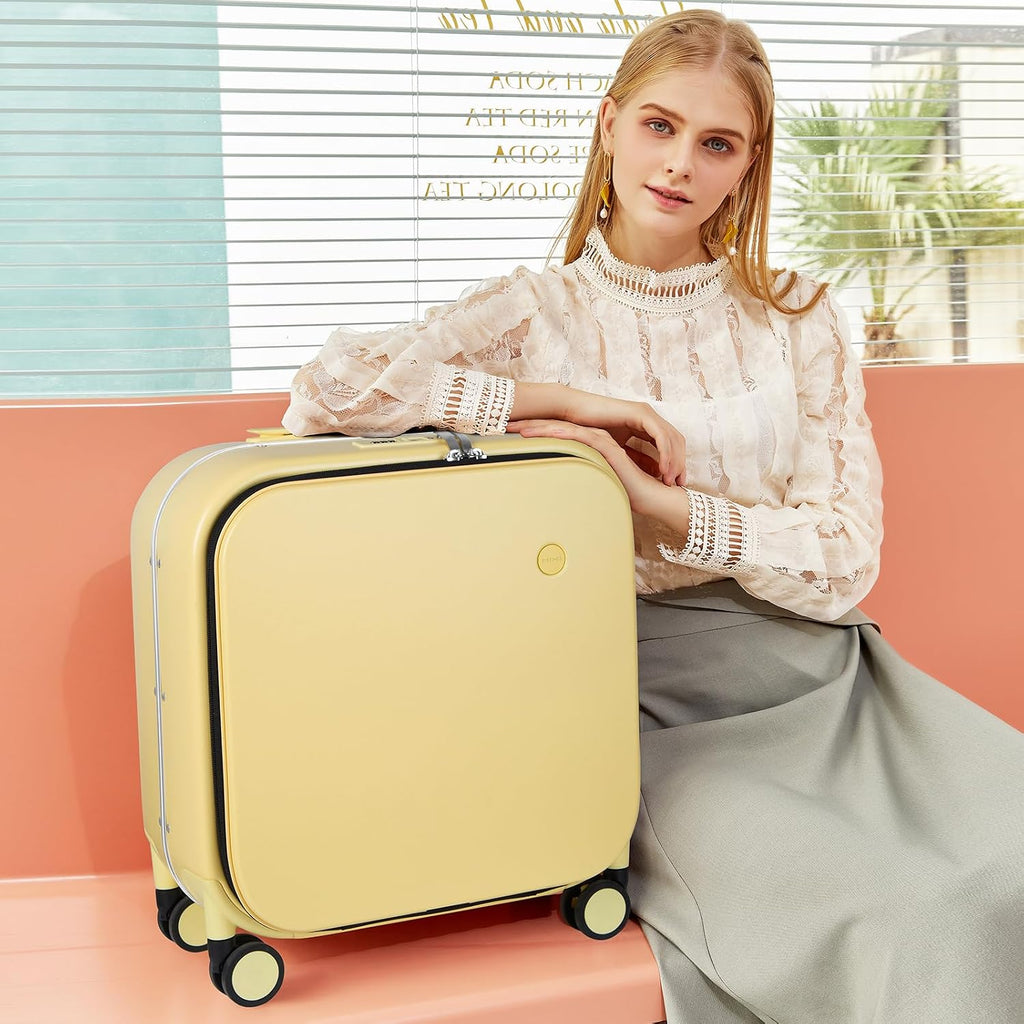 mixi Carry On Luggage, 18' Suitcase with Front Pocket, Travel Luggage Aluminum Frame PC Hardside with Spinner Wheels & TSA Lock and Cover (Not for Underseat), Lark Yellow