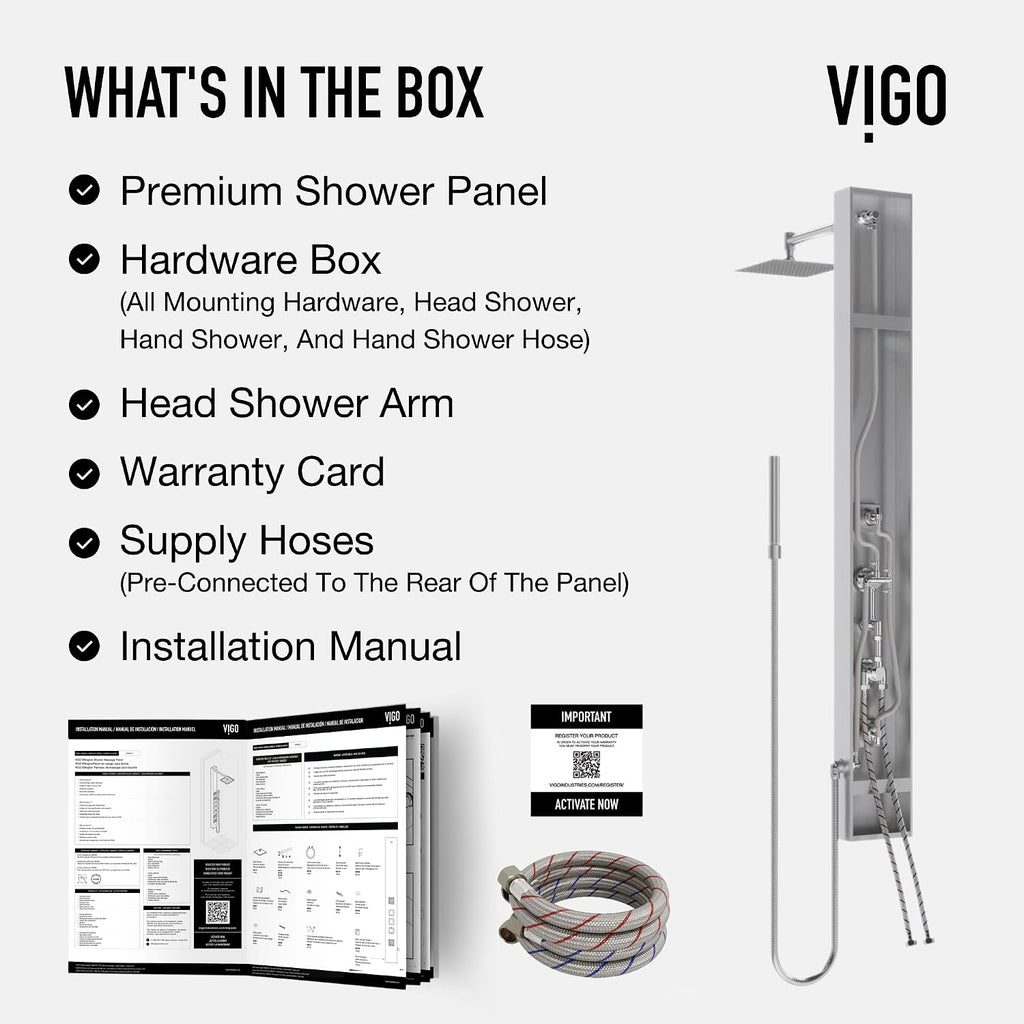VIGO Rector 55' H x 6' W 2-Jet Shower Panel System with Adjustable Square Head and Hand Shower Wand in Stainless Steel-VG08012ST