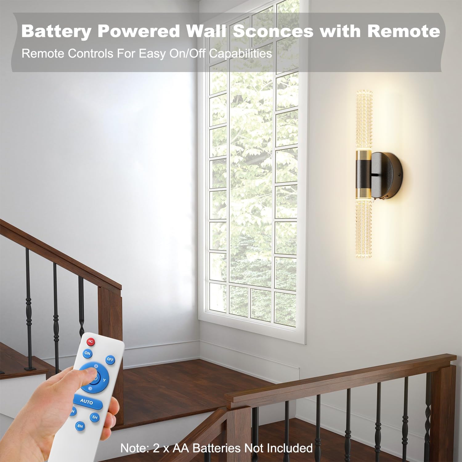 Battery Operated Black Gold Wall Sconces Set of Two, 10000 mAh Rechargeable Battery Powered Wall Sconce with Remote Control, 16 Inch Non-Hardwired Wireless Crystal Wall Scones for Bedroom, Living Room