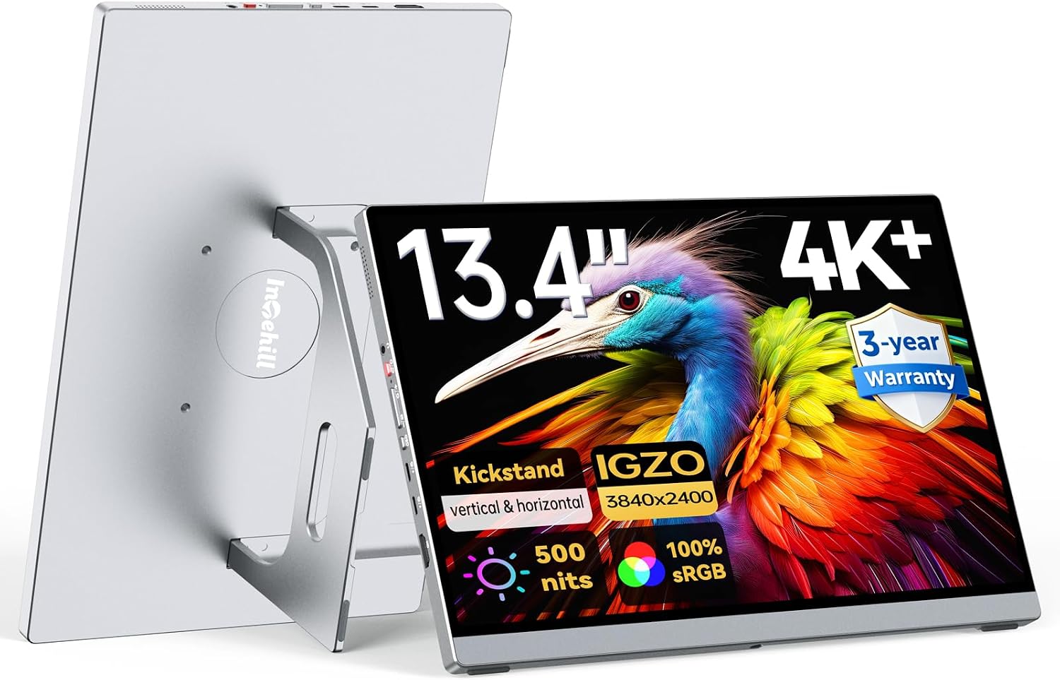 Intehill 4K Portable Monitor for Laptop, 13.4' IGZO Display with Full-Laminated Tempered Glass 500 Nits, 100% sRGB Portable Laptop Screen with Kickstand & Speakers, USB-C & HDMI Travel Monitor, U13ZC