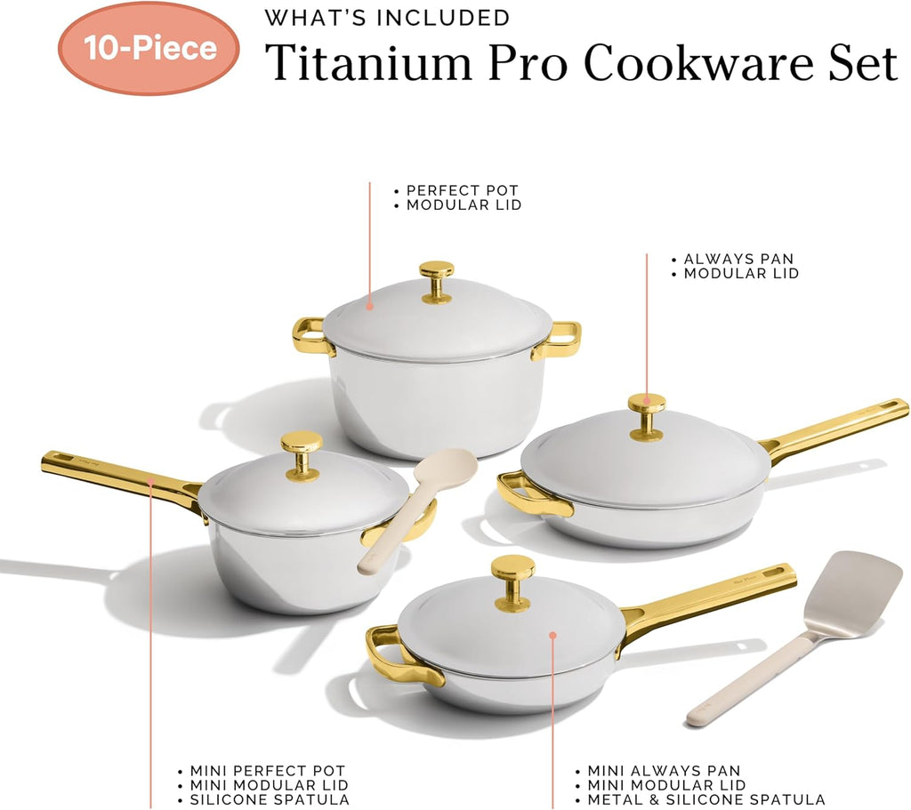 Our Place Titanium Pro Cookware Set | 10-Piece Pots and Pans Set with Always Pan Pro, Perfect Pot Pro & Minis | Non-Toxic No-Coating Nonstick | Induction & Oven-Safe up to 750°F | Gold