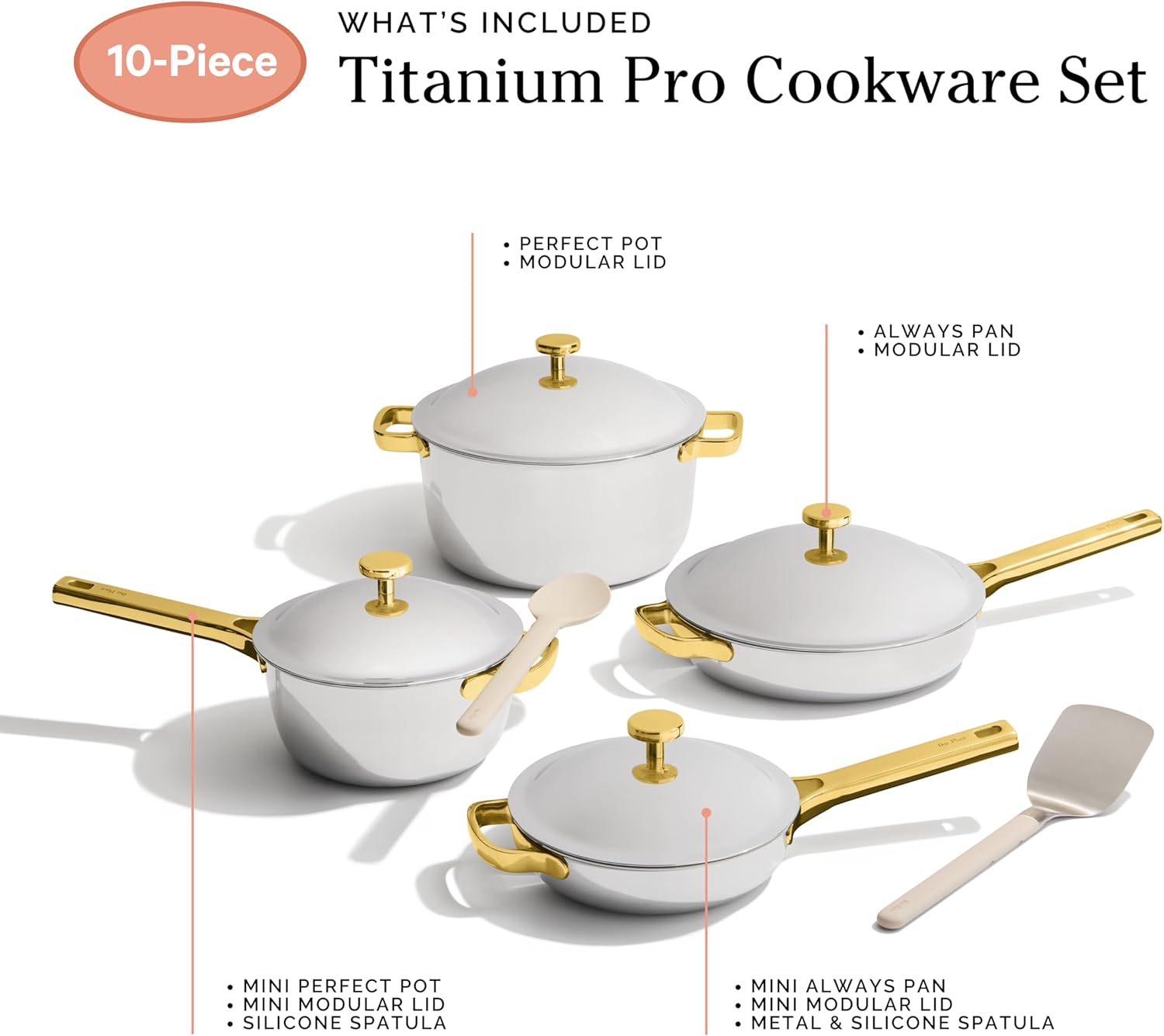 Our Place Titanium Pro Cookware Set | 10-Piece Pots and Pans Set with Always Pan Pro, Perfect Pot Pro & Minis | Non-Toxic No-Coating Nonstick | Induction & Oven-Safe up to 750°F | Gold