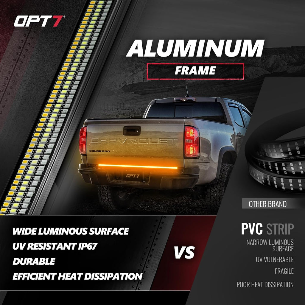 OPT7 Plug'n'Play Bundle for 2021-2023 F150 w/OE Halogen Taillights and Blind Spot Monitor – 48' Redline Triple Row LED Tailgate Light Bar w/Sequential Amber Turn + Easy Connect Harness