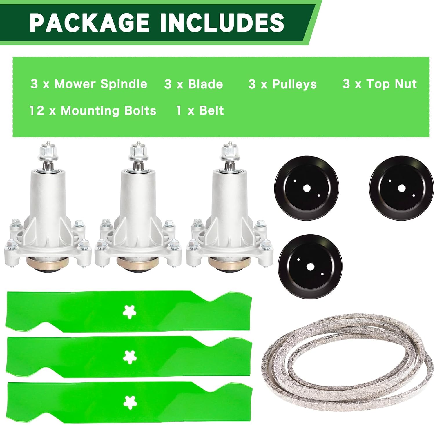 54 inch Mower Deck Rebuild Kit Compatible with Husqvarna YTH2454 LGT2654 LGT2554 Includes 3 Spindle 187292 3 Blades 187254 3 Pulleys 153535 1 Belt 21546382