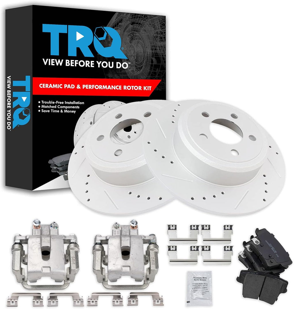 TRQ Performance Rear Brake Pad and Rotor Set Ceramic Slotted Drilled G Coated Solid Rotors Calipers Compatible with 2005 2012 Chrysler 300 2013-2014 Dodge Challenger 2014 Charger