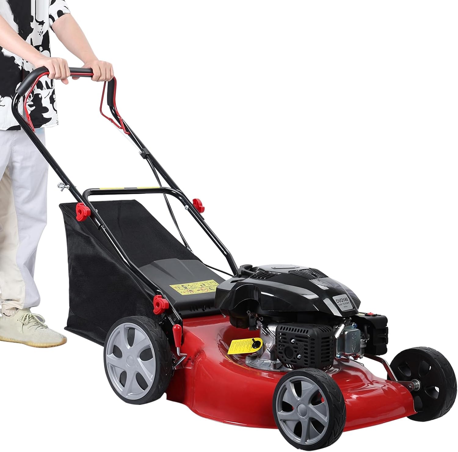 20' 141cc Lawn Mower Gas, 4-Stroke Self Propelled Push Lawn Mower with Blade & 50L Bag, 3-in-1 Walk-Behind Lawns Mowers, Foldable Handle for Easy Storage Red