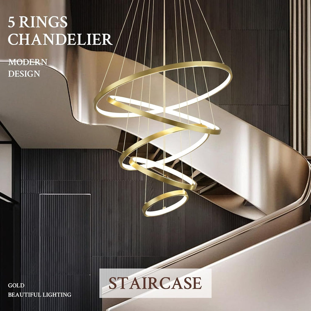 5 Ring Modern LED Chandelier Dimmable Gold High Ceiling Chandeliers for Foyer, LED Contemporary Large Pendant Lighting with Remote Control Circular for Living Room Staircase, 3000K-6500K