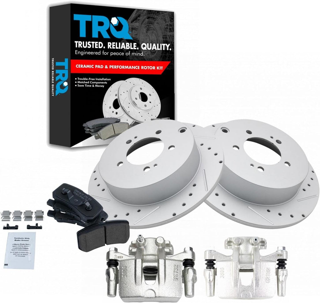 TRQ Performance Rear Brake Pad and Rotor Set Ceramic Solid G Coated Rotors Calipers Compatible with 2009-2011 Mitsubishi Lancer 2008-2013 Outlander