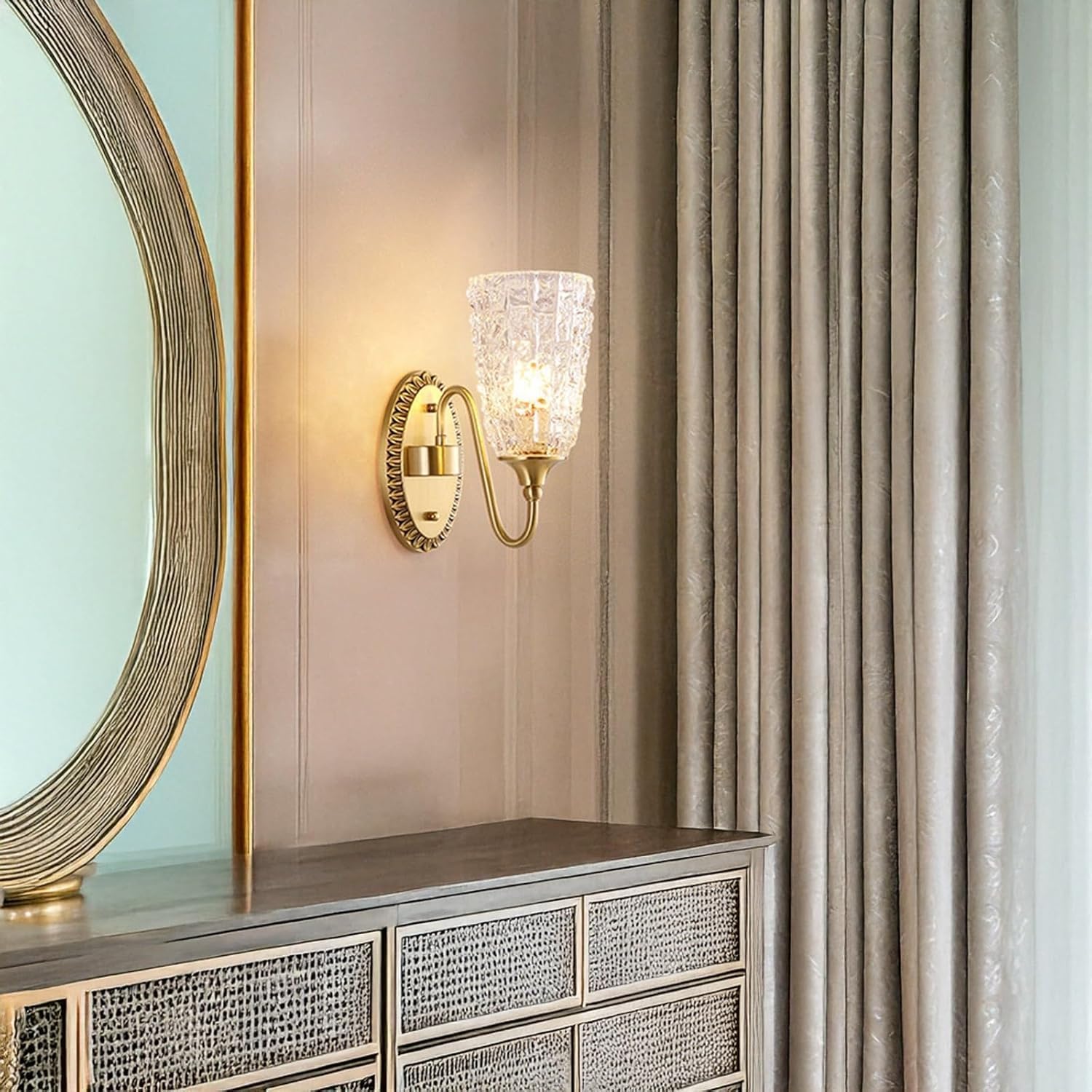 Nordic Antique Brass 2-Light Wall Sconce with Textured Clear Glass Shades - Elegant Hardwired Fixture for Bathroom, Bedroom, Living Room, Hallway, and Staircase(Double Head)
