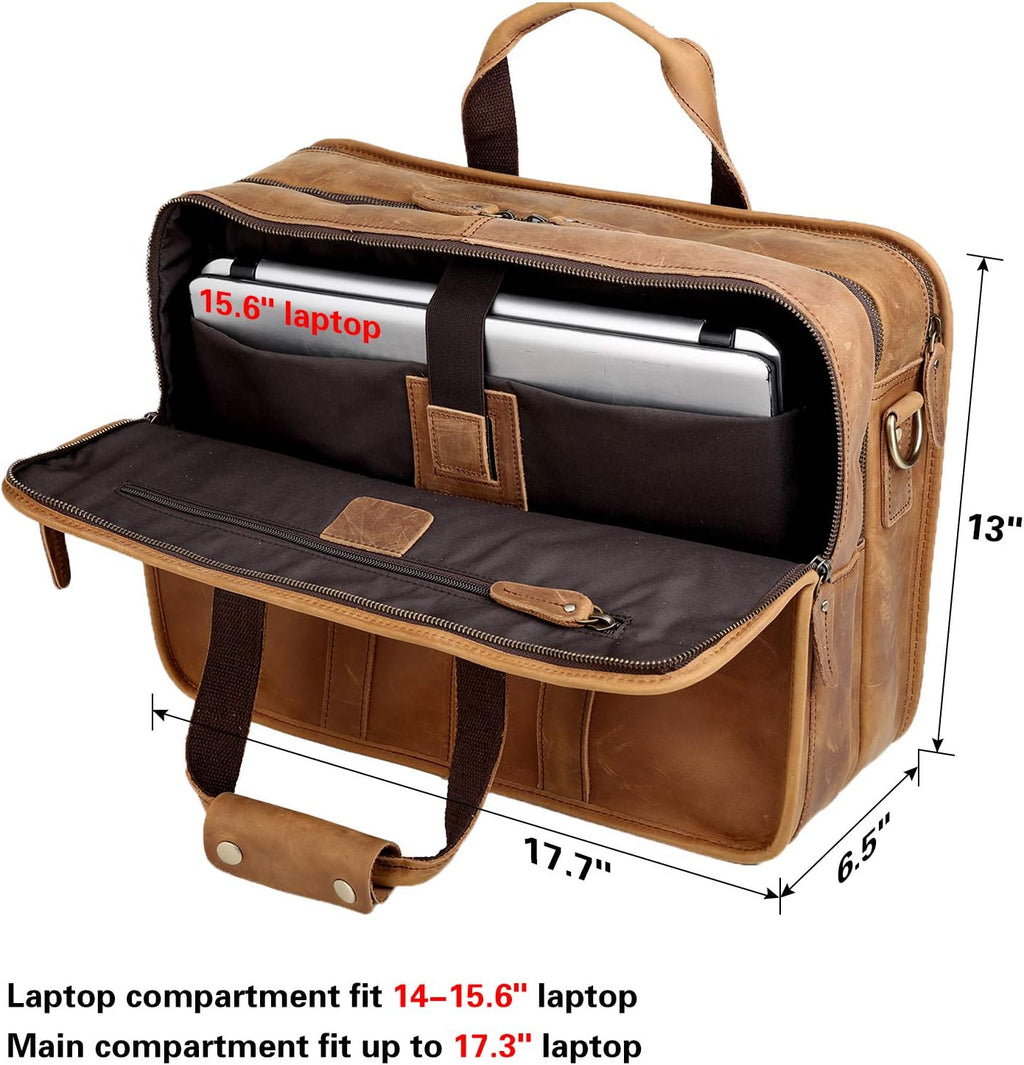 Polare 17'' Full Grain Leather Briefcase Laptop Attache Case Messenger Bag For Men Fits 15.6'' Laptop