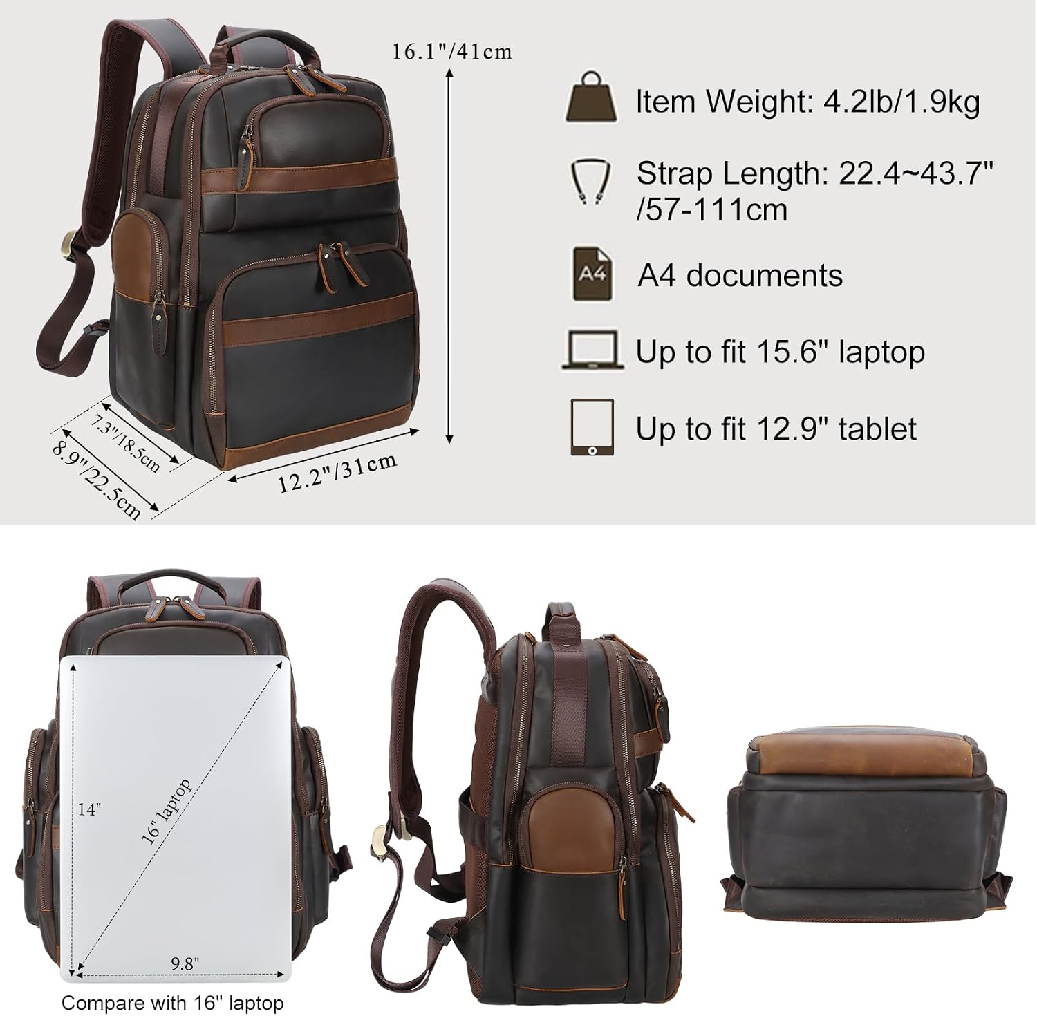 TIDING Men's Vintage Leather Backpack 15.6' Laptop Bag Large Capacity Business Travel Hiking Shoulder Daypacks