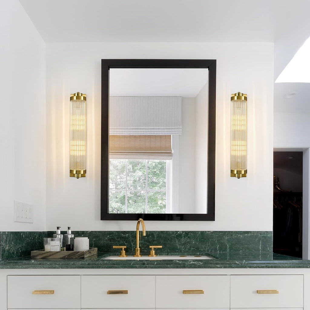Gold Wall Sconces with Crystal Glass Strip Bathroom Sconces 2 Light E12 Base Modern Wall Lights for Bedroom Living Room Hallway Wall Light Fixtures (1 Pack)