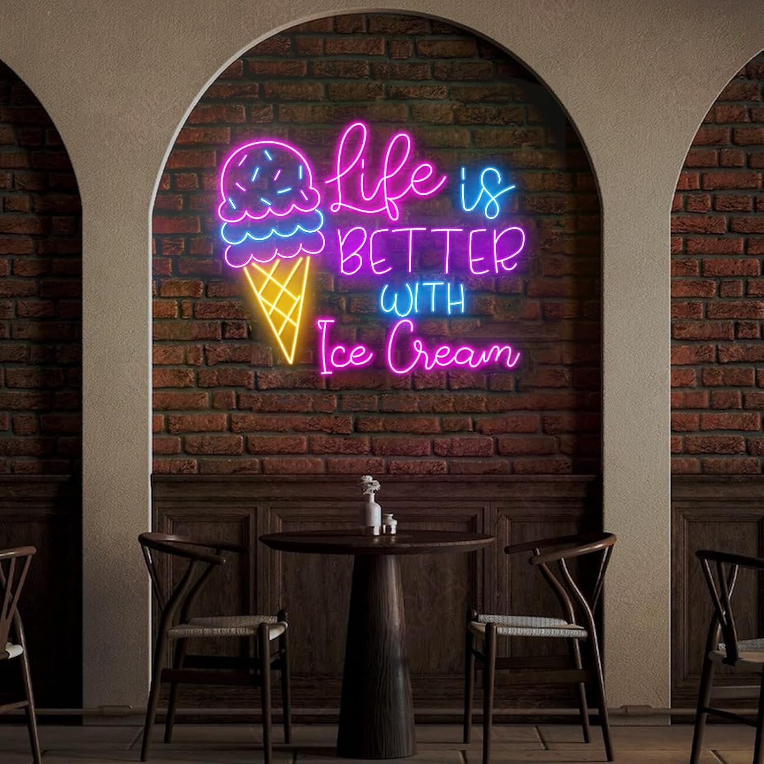 Life Is Better With Ice Cream Neon Sign LED Ice Cream Open Neon Light Signs Wall Decor for Bar Shop, Home, Bedroom,Party Gift Size: 23 inches