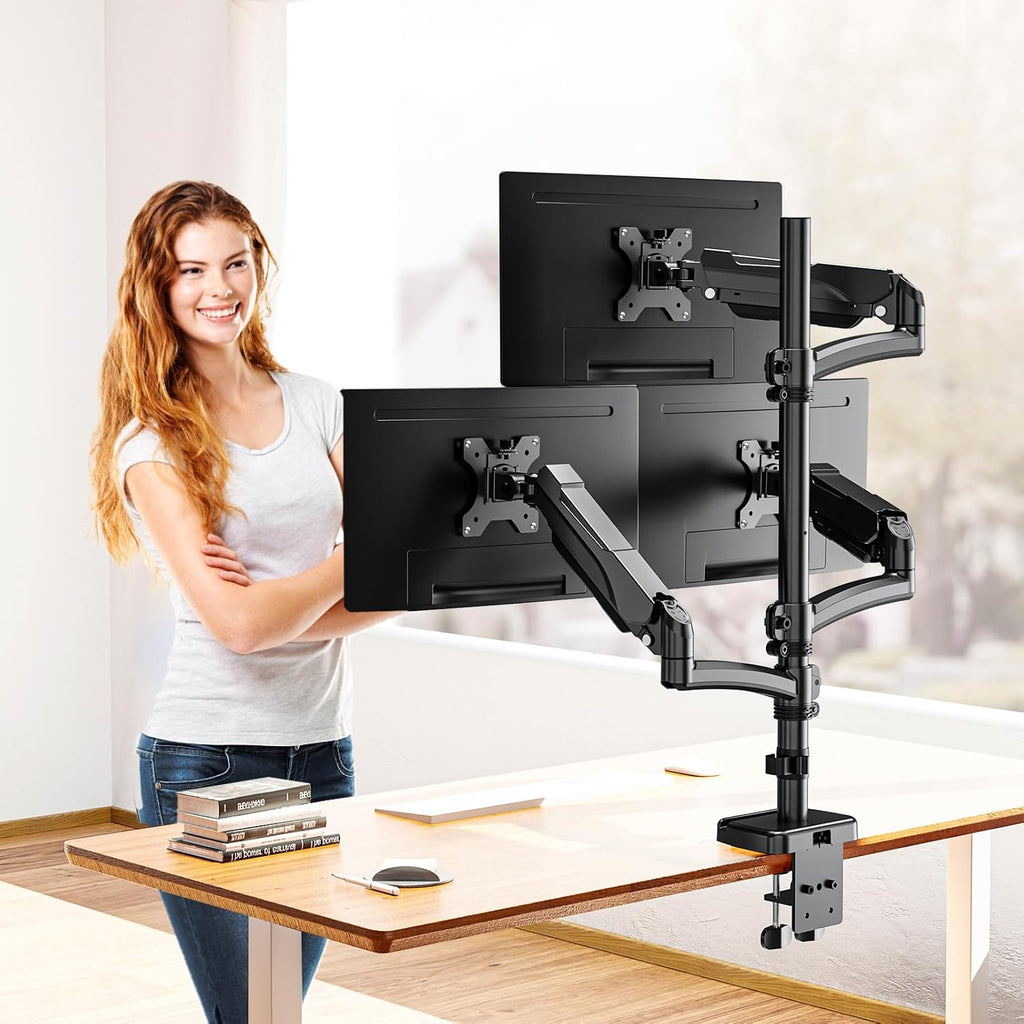Triple Monitor Mount Fits Max 32 Inch Computer Screen, 3 Monitor Desk Mount Holds Up to 19.8lbs, Heavy Duty Gas Spring Arm, 75x75/100x100 Vesa Mount with C-Clamp/Grommet Base