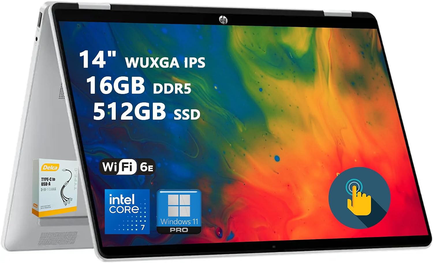 HP OmniBook 5 Flip 2-in-1 Laptop | 14' WUXGA IPS Touchscreen | 10-Core Intel Core 7 150U | 16GB DDR5 512GB SSD | Backlit Keyboard Wi-Fi6E 5MP IR Privacy Camera Win 11 Pro w/DLCA Accessory