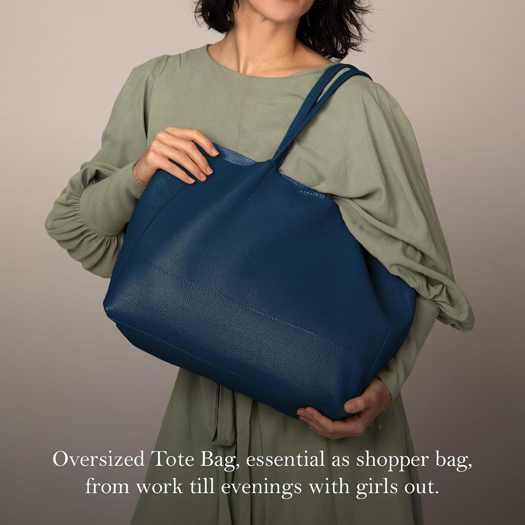 Italian Leather Tote Bag for Women - Large Shoulder Shopper, Fits 16' Laptop, Keychain Holder, Made in Italy