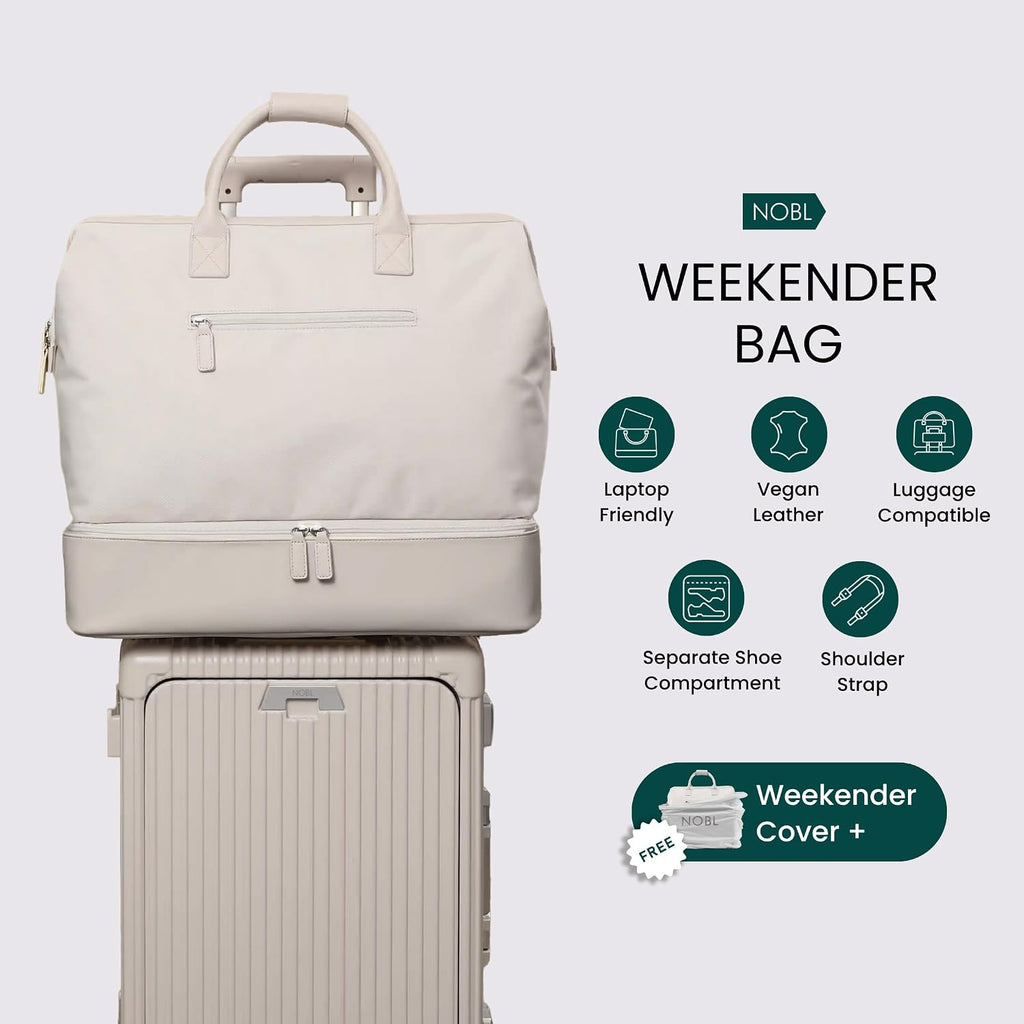 Nobl Travel Weekender Bag for Women & Men, Large Duffel Carry-On Tote with Trolley Sleeve, Separate Shoe Compartment & Laptop Pocket, Leather Overnight Bag for Airplane, Gym, Road Trips - Sand
