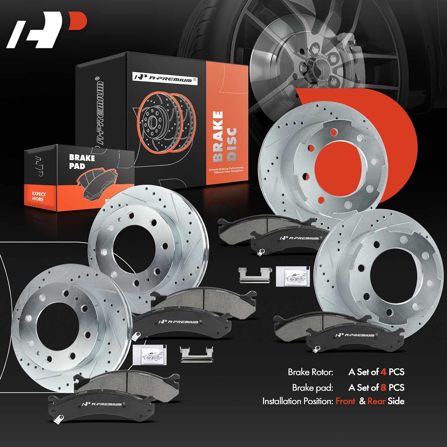 A-Premium Front and Rear Drilled and Slotted Disc Brake Rotors + Ceramic Pads Kit Compatible with Select Chevy and GMC Models - Silverado 3500/Sierra 3500 2001-2006, Silverado 3500 HD, Sierra 3500 HD