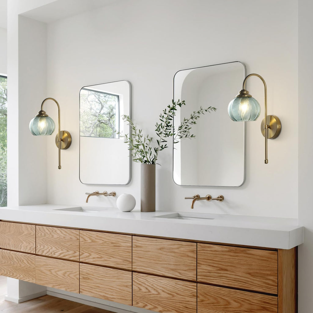 KCO Lighting Brushed Gold Wall Sconce Light Set of 2 Vintage Green Glass Wall Sconce Modern Globe Bathroom Vanity Light Fixture for Stair Corner Hallway