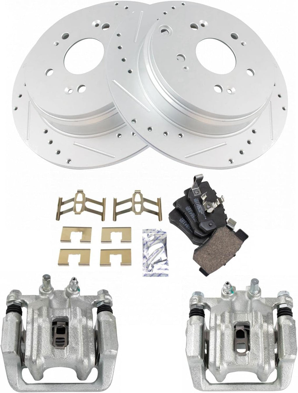 TRQ Performance Rear Brake Pad and Rotor Set Ceramic Slotted Drilled Coated Rotors Calipers Compatible with 2005-2006 Honda CR-V