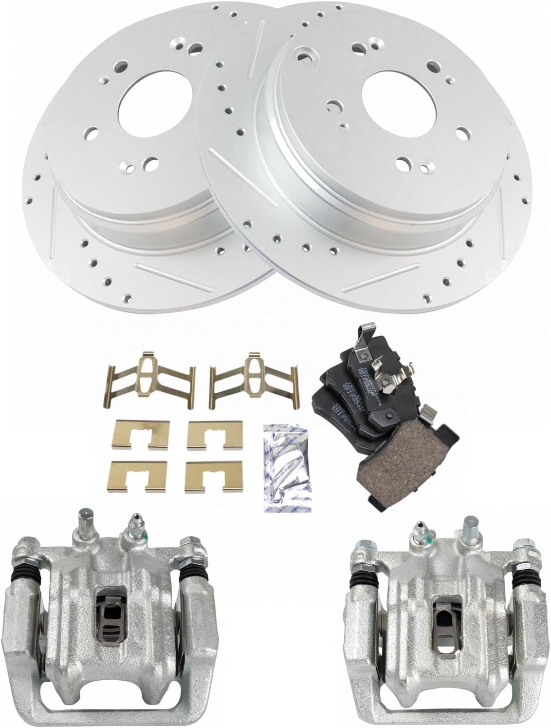 TRQ Performance Rear Brake Pad and Rotor Set Ceramic Slotted Drilled Coated Rotors Calipers Compatible with 2005-2006 Honda CR-V