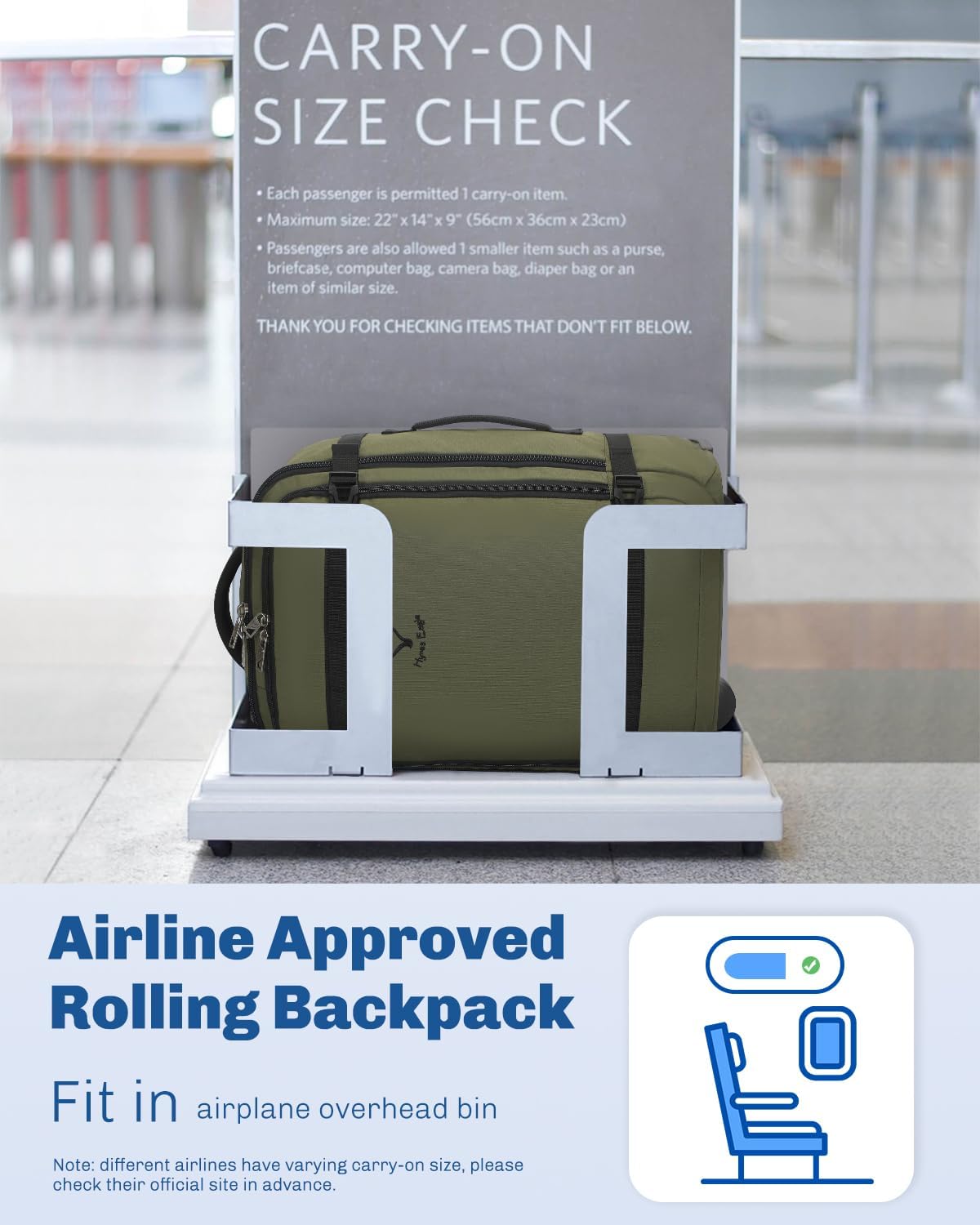 Hynes Eagle Rolling Backpack 42L Backpack with Wheels Airline Approved Carry on Luggage Laptop Travel Suitcase Bag for Women Men Dark Green