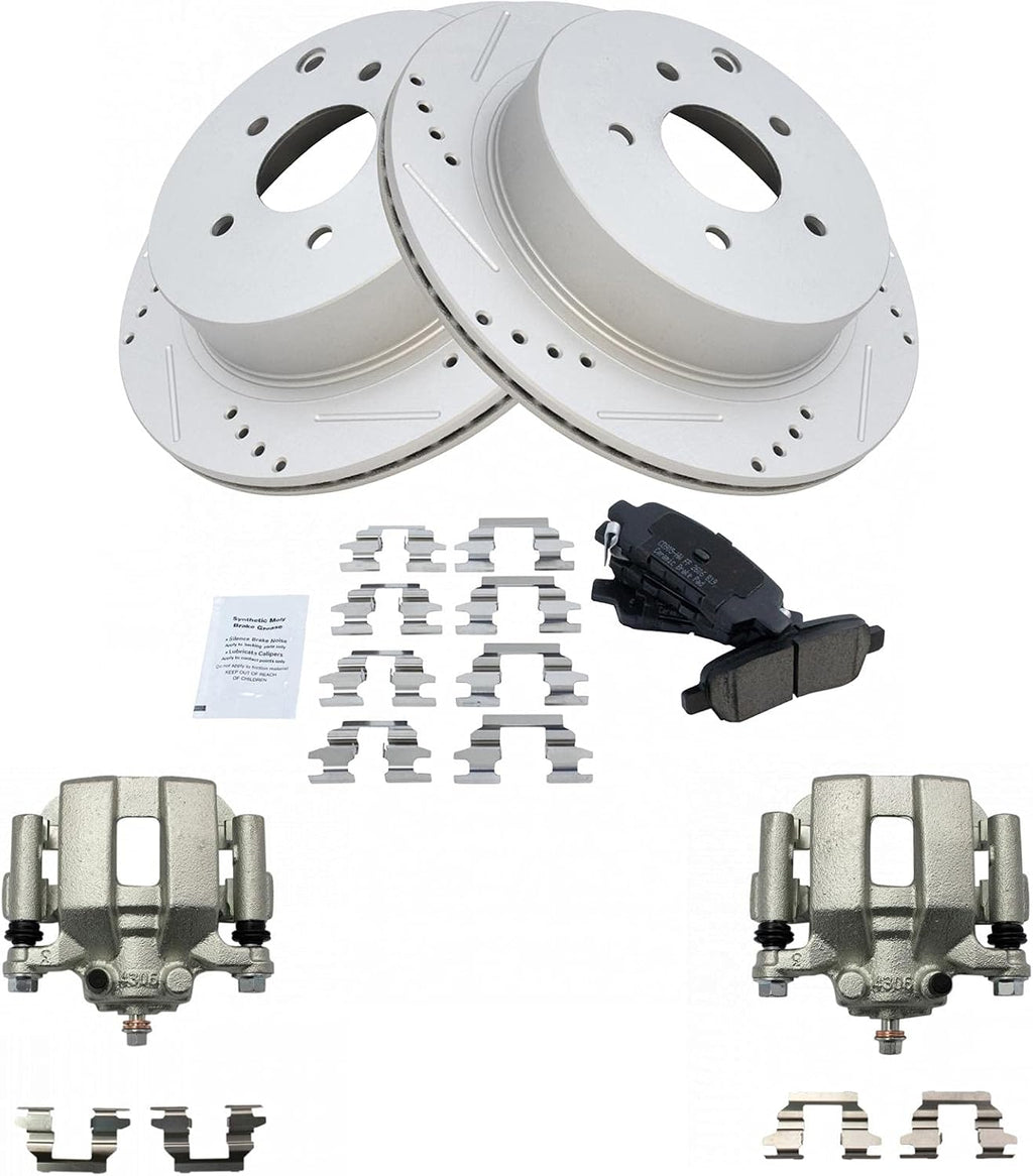 TRQ Performance Rear Brake Pad and Rotor Set Ceramic Coated Drilled Slotted Vented Rotors Calipers Compatible with 2003-2007 Nissan Murano 2004-2009 Quest