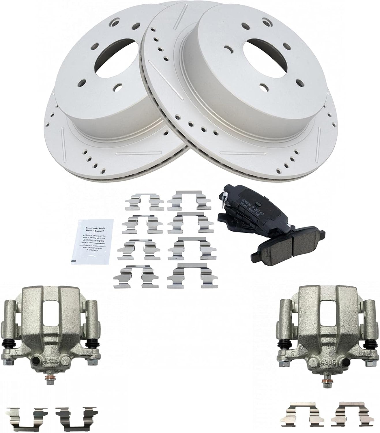 TRQ Performance Rear Brake Pad and Rotor Set Ceramic Coated Drilled Slotted Vented Rotors Calipers Compatible with 2003-2007 Nissan Murano 2004-2009 Quest