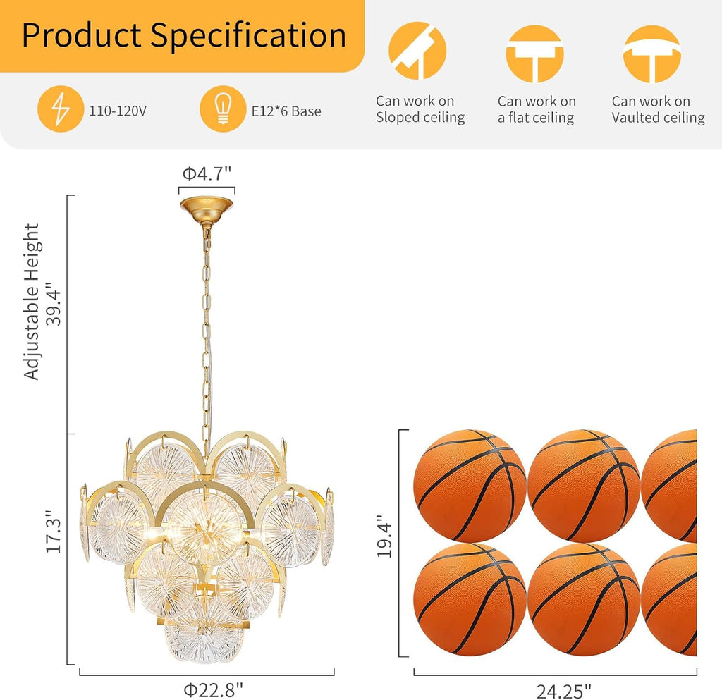 WUZUPS 6-Light Round Crystal Chandelier Pendant Ceiling Light Modern Lighting Fixture for Bedroom Hallway Bar Kitchen Bathroom, H 17.3' W 22.8', E12 Base, Gold