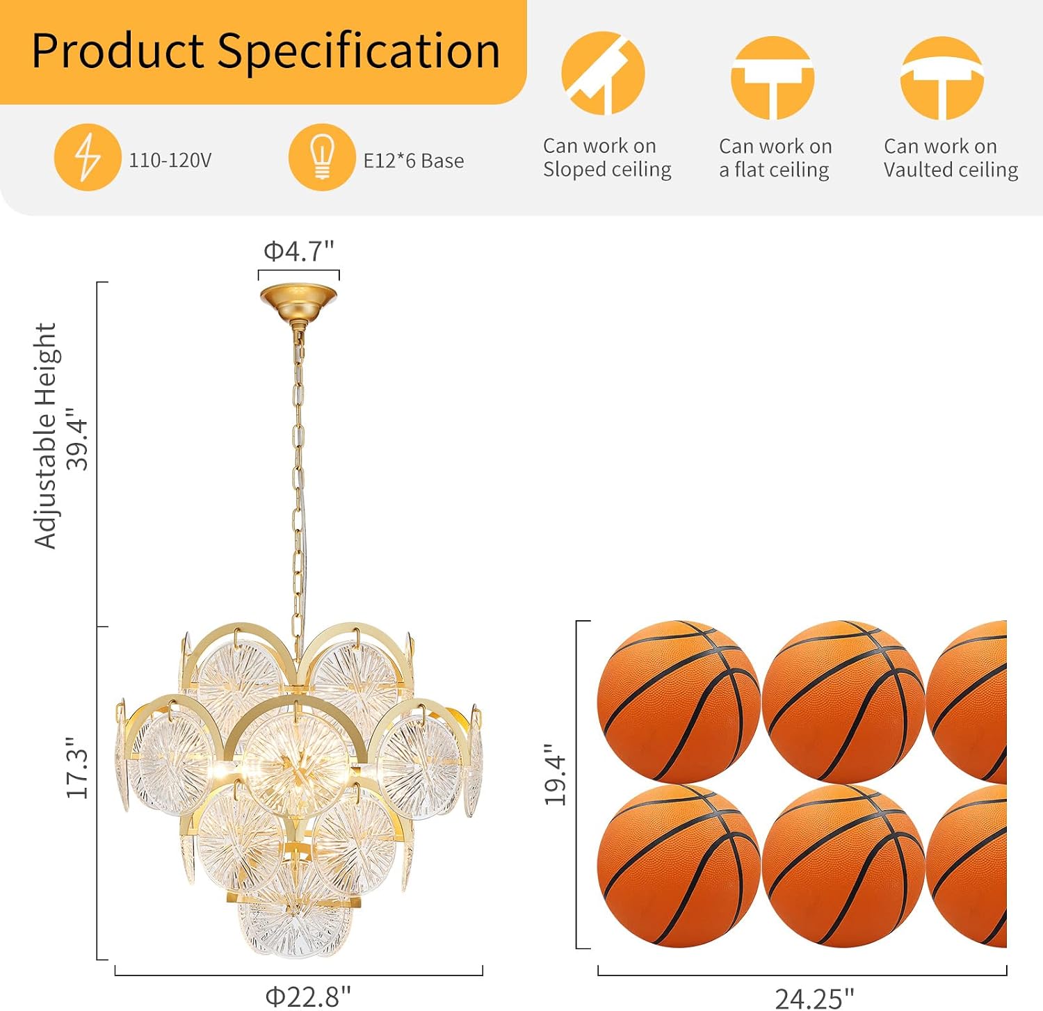 WUZUPS 6-Light Round Crystal Chandelier Pendant Ceiling Light Modern Lighting Fixture for Bedroom Hallway Bar Kitchen Bathroom, H 17.3' W 22.8', E12 Base, Gold